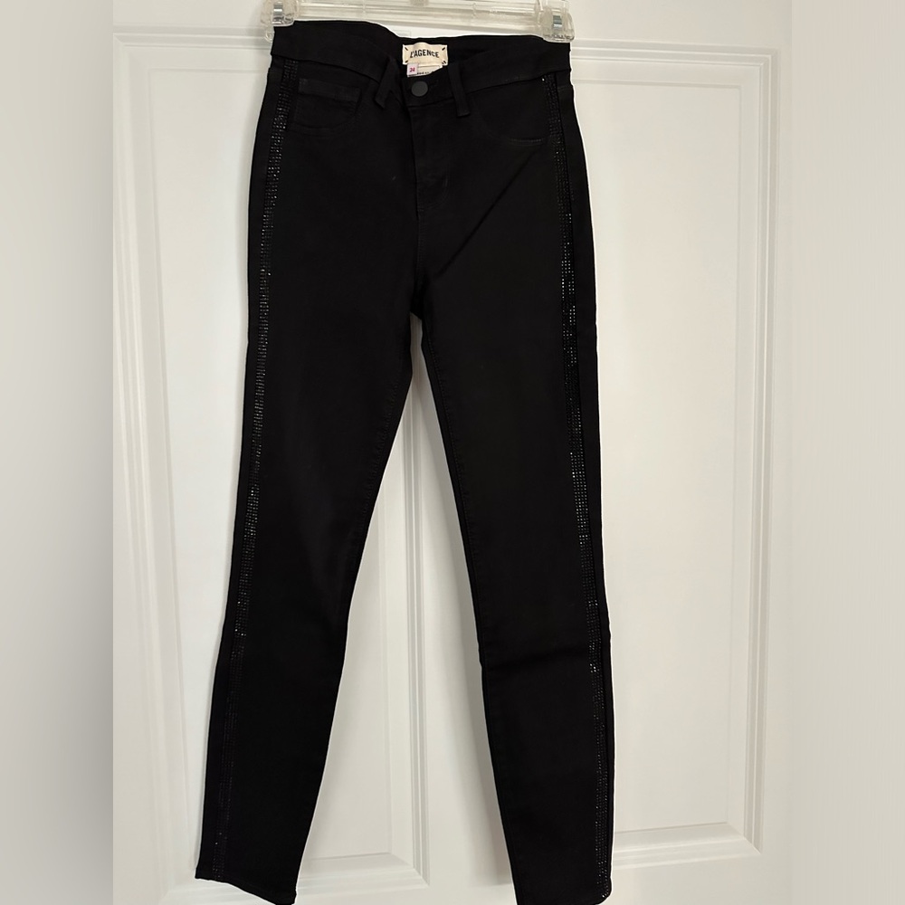 L’Agence Margot black on black rhinestone tuxedo stripe NWOT SIZE 24 - Picture 4 of 10
